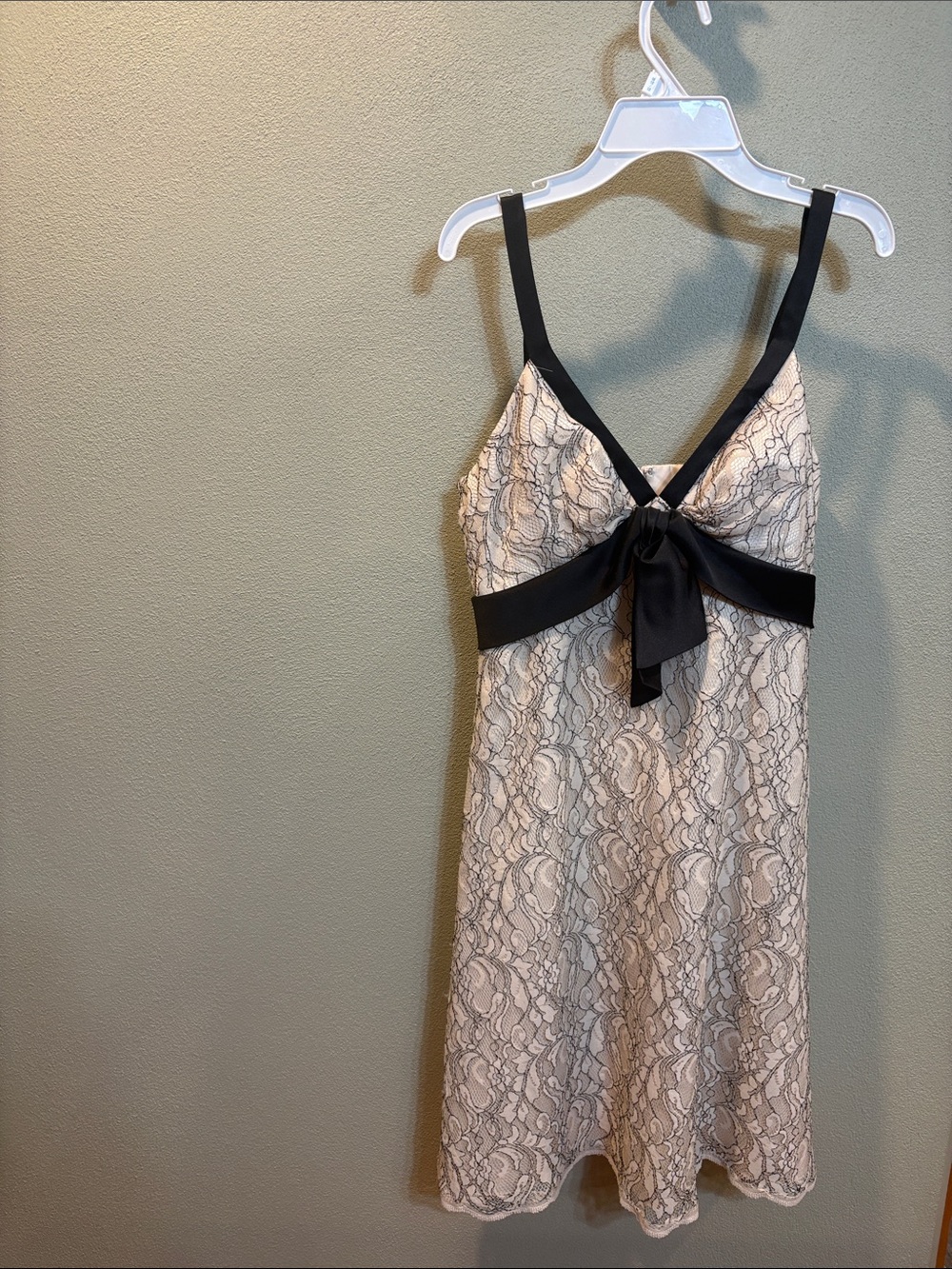 White House Black Market Black and Ivory Lace Chemise with Bow